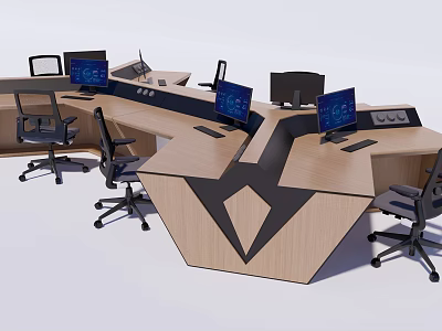 Modern Office Desk With Wooden Surface Multiple Monitors And Ergonomic Chairs 3d model