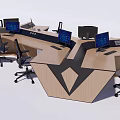 Modern Office Desk With Wooden Surface Multiple Monitors And Ergonomic Chairs