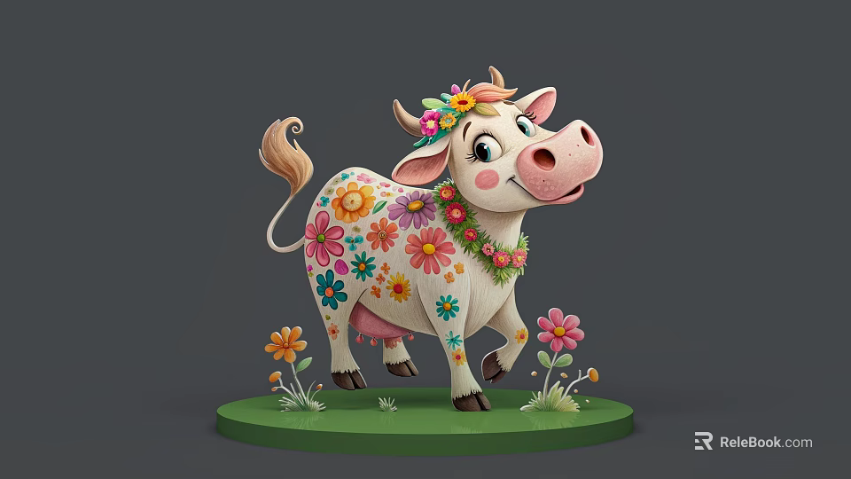 Cute Cartoon Reptile Lizard With Flower Decorations On Green Base And Small Flowers Around 3d model 