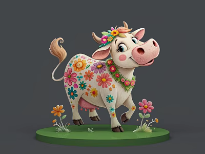 Cute Cartoon Reptile Lizard With Flower Decorations On Green Base And Small Flowers Around 3d model