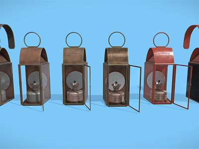 Multiple Vintage Candle Lanterns in Different Colors with Metal Designs on Blue Background 3d model