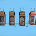 Multiple Vintage Candle Lanterns in Different Colors with Metal Designs on Blue Background