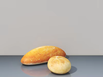 Freshly Baked Bread Loaf and Round Roll on Gray Surface with Golden Crust 3d model