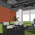 Modern Lounge Area with Orange Wall Green White Sofas Round Lights and Indoor Plants 3d model