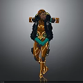 Futuristic Sci Fi Character In Orange Neon Outfit With Black Accents And Green Gloves