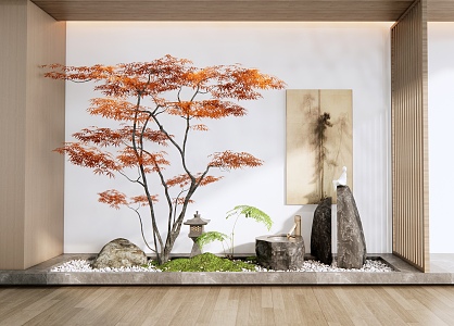 New Chinese-style Interior Landscape Landscaping Dry Landscape Courtyard Sick Stone Red Maple Landscape Tree Decorative Painting 3d model