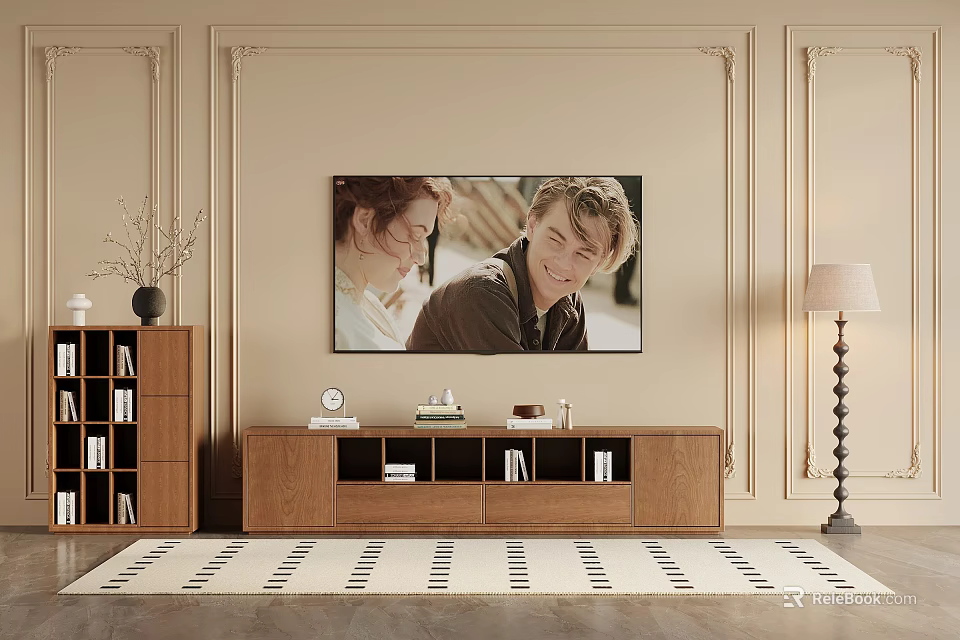 Elegant TV Wall Design With Decorative Moldings Wooden TV Stand And Floor Lamp 3d model 