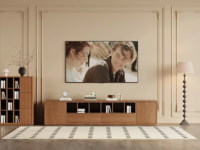 Elegant TV Wall Design With Decorative Moldings Wooden TV Stand And Floor Lamp 3d model