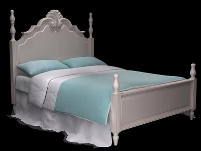Light Colored Double Bed With Carved Headboard Blue Quilt And White Sheets 3d model