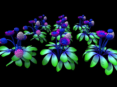 Cartoon Style Colorful Flowers With Purple Pink Blooms And Green Leaves On Black Background 3d model