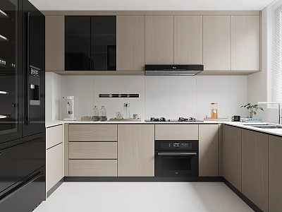 Modern Kitchen Interior With Light Colored Cabinets Black Appliances White Countertops And Range Hood 3d model