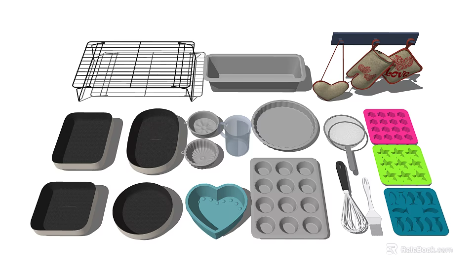 Essential Kitchen Utensils Including Wire Rack Baking Tray Measuring Cup Muffin Pan and Whisk 3d model 