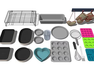Essential Kitchen Utensils Including Wire Rack Baking Tray Measuring Cup Muffin Pan and Whisk 3d model