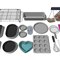Essential Kitchen Utensils Including Wire Rack Baking Tray Measuring Cup Muffin Pan and Whisk
