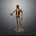 3D Character in Yellow T-shirt Holding Green Creature with Red Rope Standing on White Pedestal