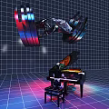 Art Installation with Glowing Red Blue Mechanical Parts and Robot Playing Piano in Grid Background