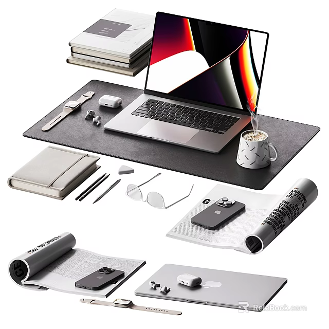 Modern Laptop on Desk Setup with Mouse Pad Notebook Stationery Smartphone and Coffee Cup 3d model 