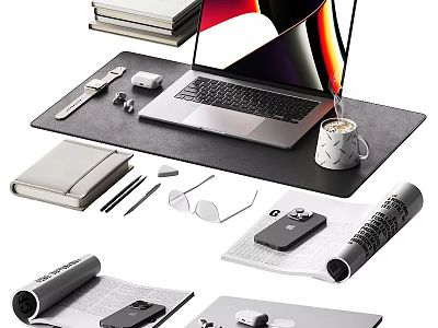 Modern Laptop on Desk Setup with Mouse Pad Notebook Stationery Smartphone and Coffee Cup 3d model