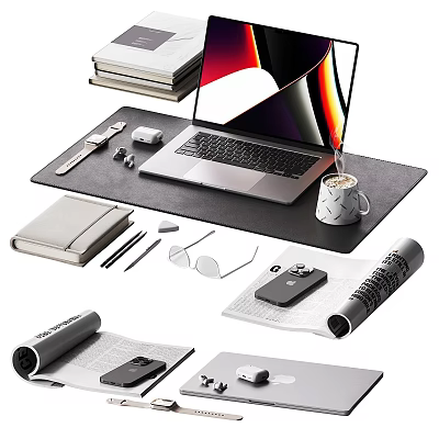 Modern Laptop on Desk Setup with Mouse Pad Notebook Stationery Smartphone and Coffee Cup 3d model