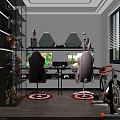 Gaming Room Setup With Black Pink Gaming Chairs Computer Monitors Figurine Shelf And Exercise Bike