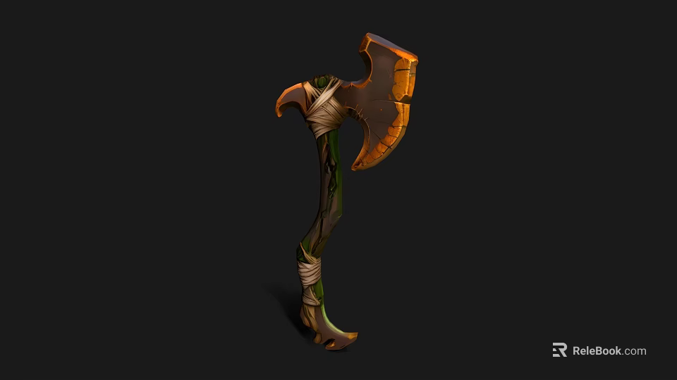 Fantasy Battle Axe With Wooden Handle Green Vines Orange Blade And Wrapped Straps 3d model 