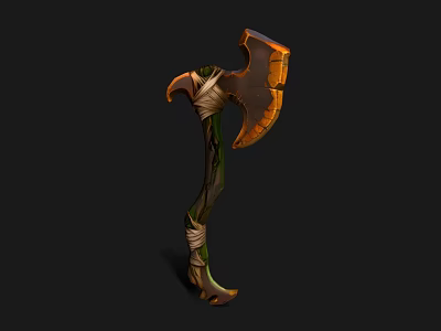 Fantasy Battle Axe With Wooden Handle Green Vines Orange Blade And Wrapped Straps 3d model