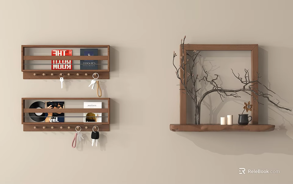 Wooden Wall Decor with Shelves Books Keys Vinyl Record Branch Decoration Candles and Mug 3d model 
