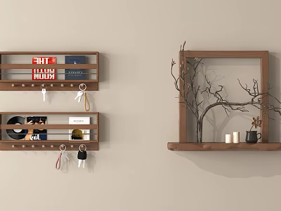 Wooden Wall Decor with Shelves Books Keys Vinyl Record Branch Decoration Candles and Mug 3d model