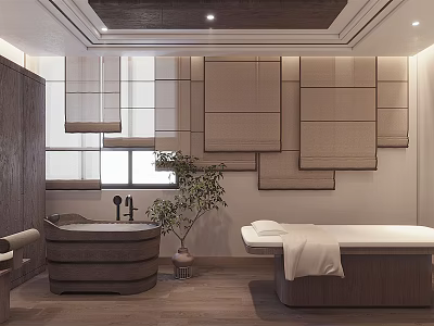 Modern SPA Sauna Interior Design With Wooden Bathtub Massage Table And Soft Lighting 3d model
