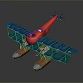 Vintage Aviation Biplane Seaplane with Red Fuselage Blue Wings and Floats