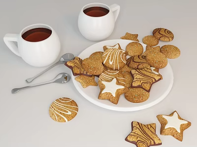Festive Decorated Cookies With White Icing On A Plate And Hot Tea In White Cups 3d model