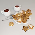 Festive Decorated Cookies With White Icing On A Plate And Hot Tea In White Cups