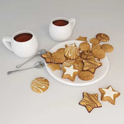 Festive Decorated Cookies With White Icing On A Plate And Hot Tea In White Cups 3d model