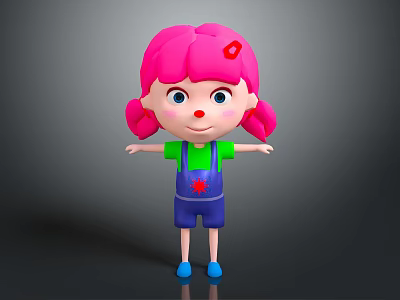 Cute Cartoon Character With Pink Hair Pigtails Red Accessory Green Top Blue Overalls Red Star 3d model