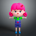 Cute Cartoon Character With Pink Hair Pigtails Red Accessory Green Top Blue Overalls Red Star