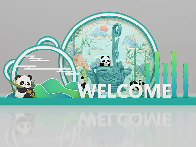 Chinese Style Photo Spot With Pandas Welcome Sign Bamboo And Mountain Water Elements 3d model