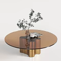 Modern Round Glass Coffee Table with Brass Base Vase Magazine and Green Plant