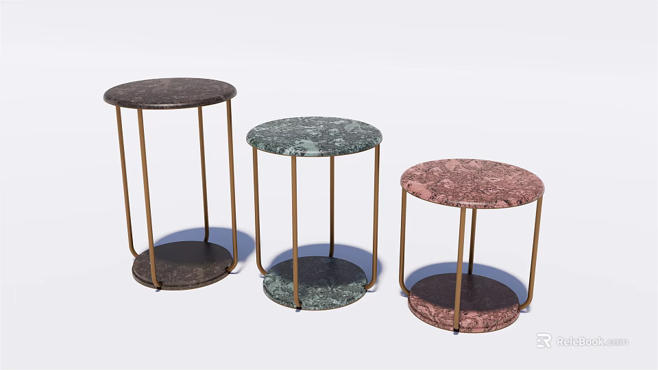 Three Different Color Marble Top Round Tables With Gold Metal Legs Modern Style 3d model 