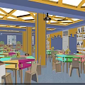 School Classroom Featuring Colorful Tables Chairs Bookshelves Alphabet Decorations And Yellow Frame Ceiling