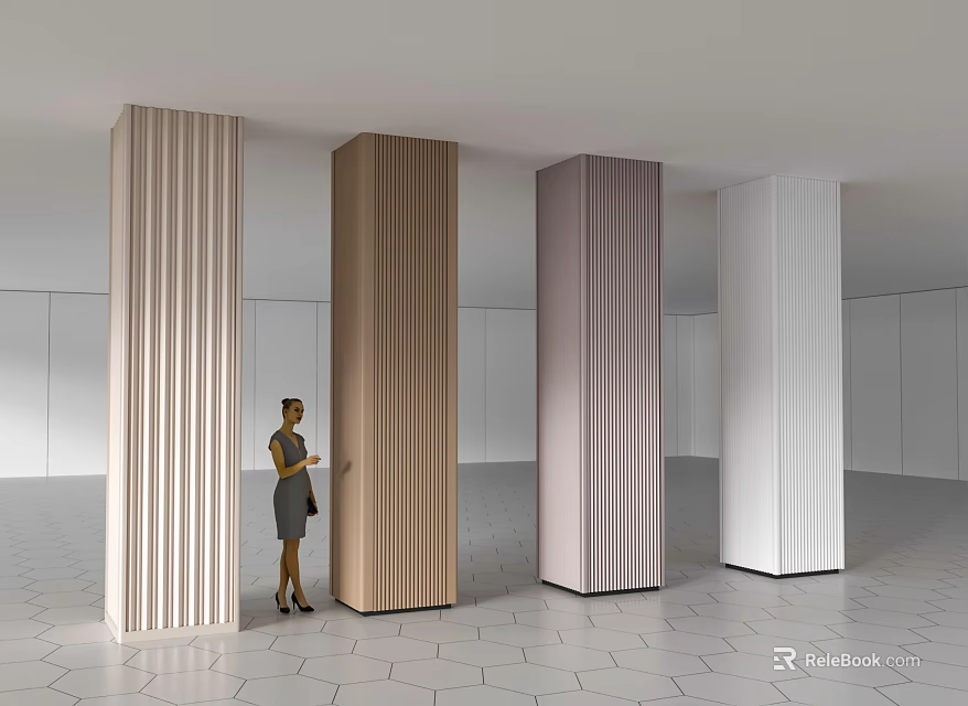 Textured Columns With Various Designs In Modern Interior Space And Hexagonal Tiles 3d model 