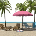 Comfortable Lounge Chairs On Beach With Palm Trees Pink Umbrella And Pool Float