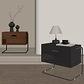 Modern Brown and Black Bedside Tables with Drawers Metal Frames and Decorative Items 3d model