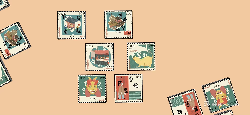 Various Traditional Themed Stamps With Cultural Patterns And Year Markings 3d model 