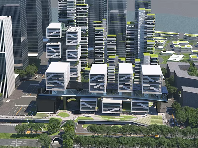 Modern High Rise Office Building With Interconnected Cube Design And Green Facades 3d model