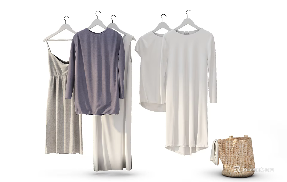 Fashionable Women's Clothes Hanging on Hangers with Long Sleeve Tops Dresses and Woven Bag 3d model 