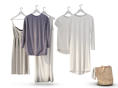 Fashionable Women's Clothes Hanging on Hangers with Long Sleeve Tops Dresses and Woven Bag 3d model