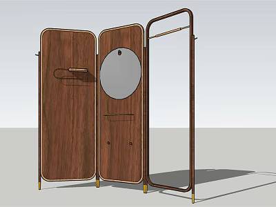 Wooden Three Panel Folding Screen With Mirror And Metal Frame Gold Legs 3d model