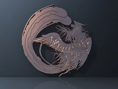 Intricate Phoenix Sculpture Carving With Metallic Feathers And Curled Tail Design 3d model