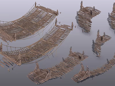 Ancient Traditional Wooden Bridge Structures Featuring Rope And Frame Components 3d model