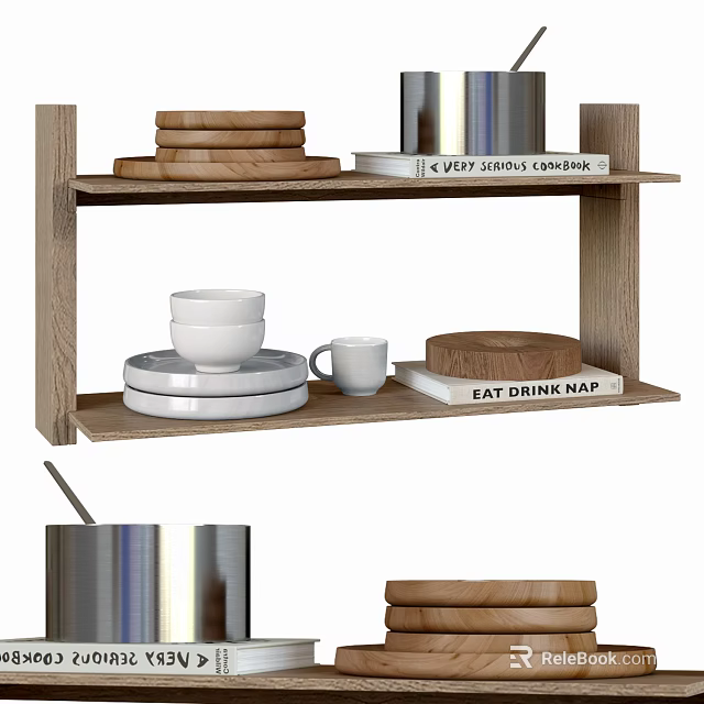 Dinnerware Set with Wooden Plates Metal Canisters White Cups and Plates on Wooden Shelf 3d model 